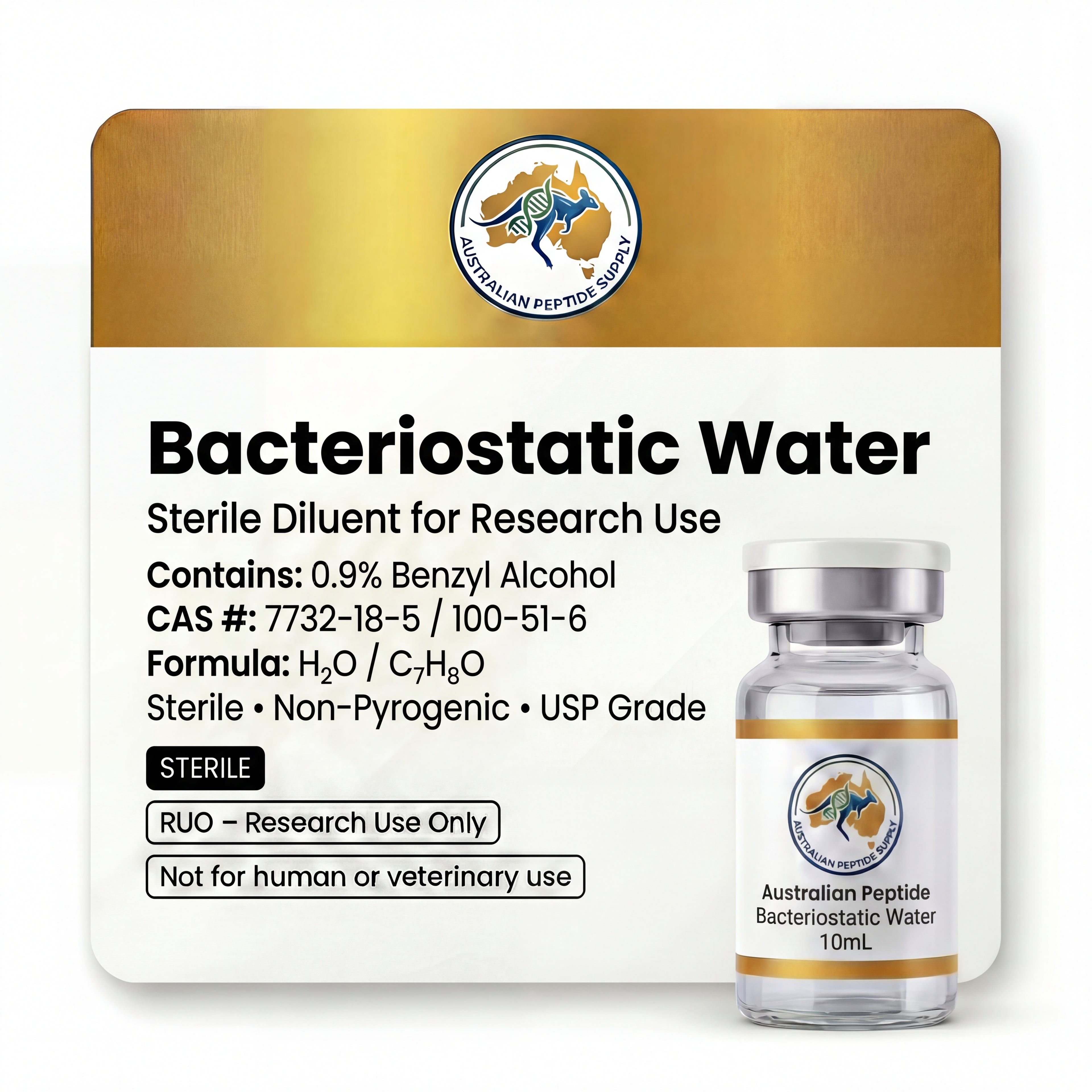 Bacteriostatic Water 10ml – Laboratory Use Only - Australian Peptide Supply