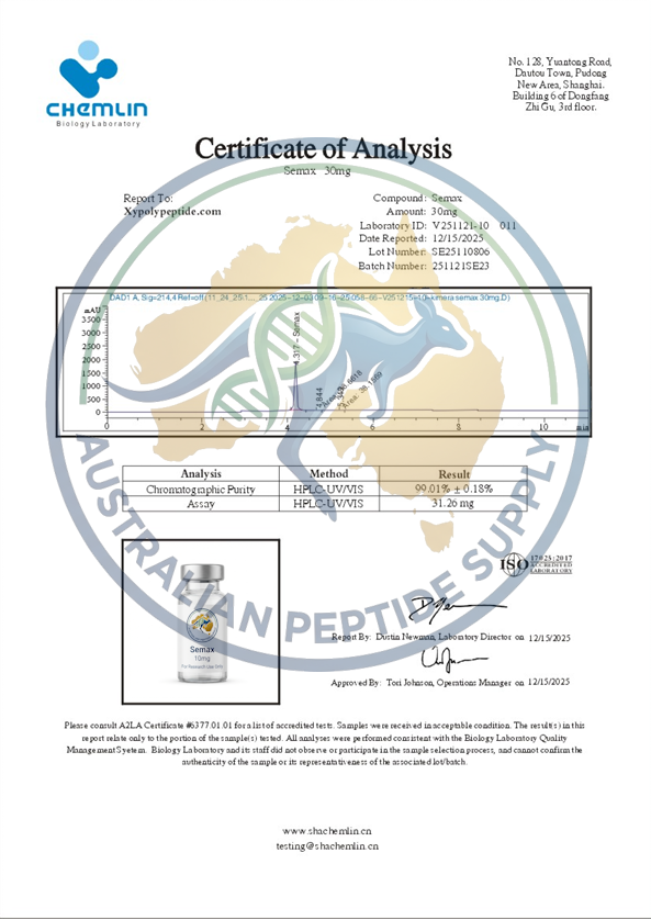 Certificate of Analysis for Semax 10mg research peptide