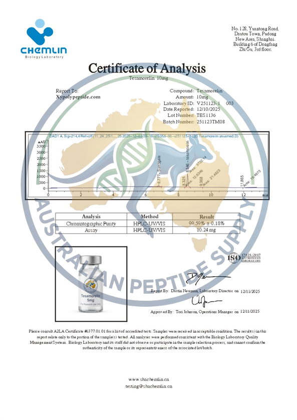 Certificate of Analysis for Tesamorelin 5mg research peptide
